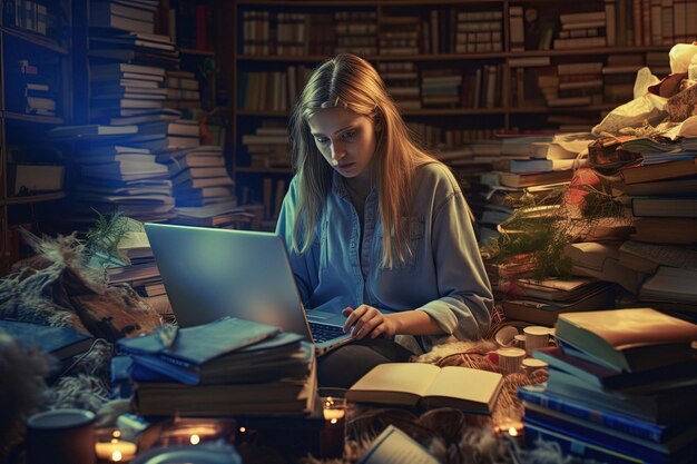 Фото Стрессированная 30-летняя женщина погружена в медицинские исследования с книгами, статьями, ноутбуком, демонстрирующим медика.