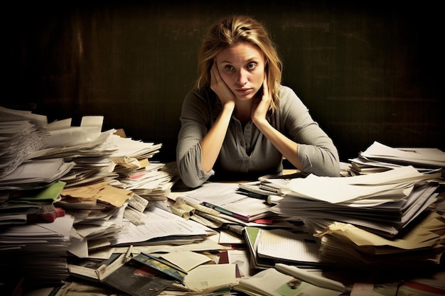 Photo stressed accountant reviewing her accounts