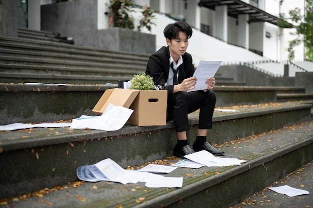 A stressed Asian businessman is reading his termination letter while sitting on the stairs