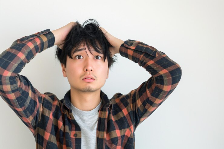 스트레스를 받은 아시아인 남자가 머리를 손에 들고 체크색 셔츠를 입고 스튜디오에