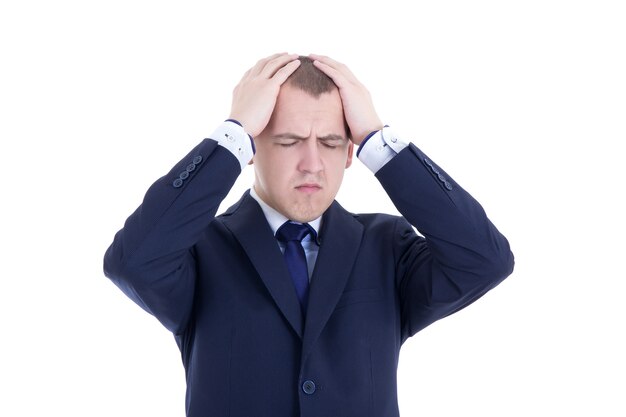 Stressed business man isolated on white background