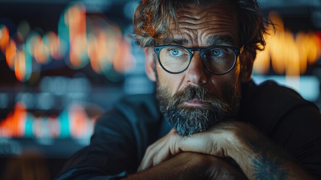 Stressed Business Man Looking Thoughtful Amidst Ambient Office Lights