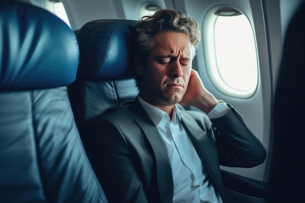 Stressed Business Traveler on a Turbulent Flight