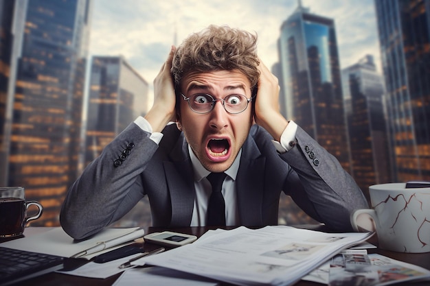 Photo stressed businessman in panic in office