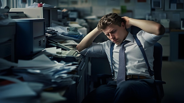 Фото Стрессированный бизнесмен сидит за столом, держит голову и беспокоится.