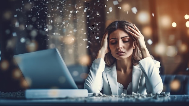 Stressed businesswoman in light grey suit suffering from a migraine AI Generated