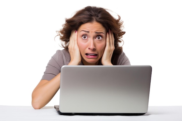 Стрессированная бизнесменка в офисе, сидящая за компьютером или планшетом на белом фоне