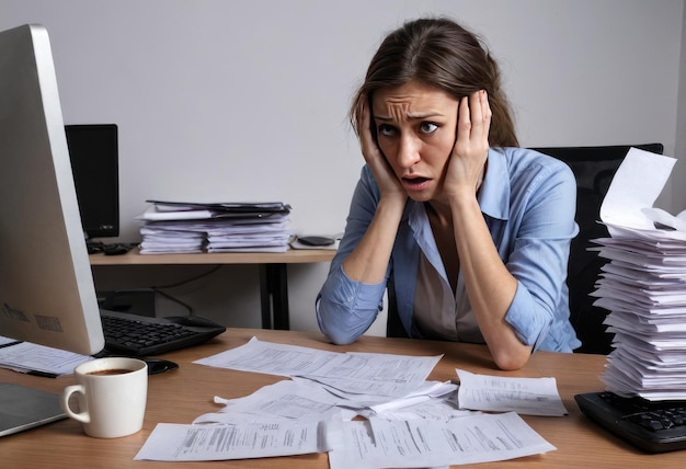stressed businesswoman sitting at her desk in the office with a lot of paperwork