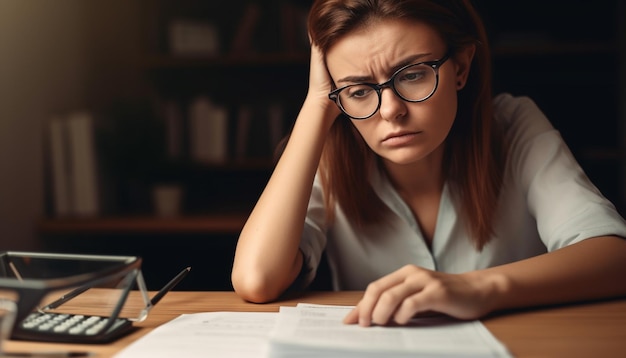 Stressed businesswoman studying at desk feeling overwhelmed generated by AI