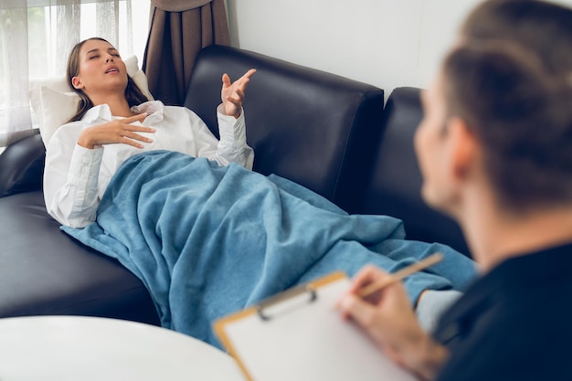 Stressed and depressed patient seeking help from psychiatrist Unveiling