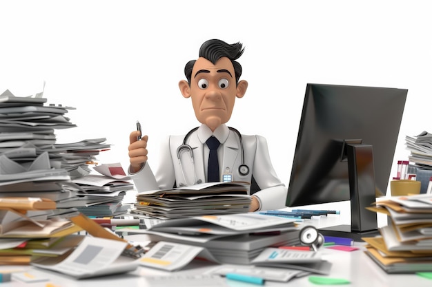 Стрессированный врач смотрит на огромную бумажную обработку бремени медицинской документации