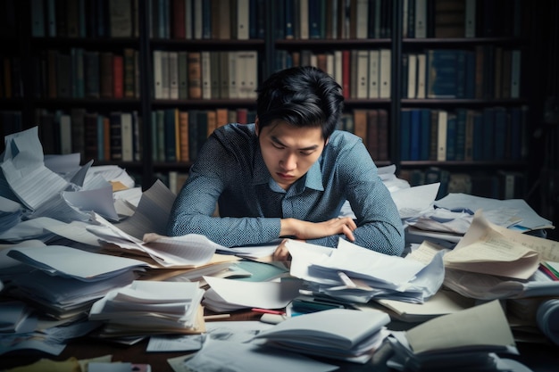 Photo stressed and exhausted office worker with pile of document without comeliness