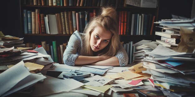 Photo stressed and exhausted office worker with pile of document without comeliness