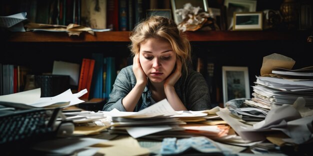 Stressed and exhausted office worker with pile of document without comeliness