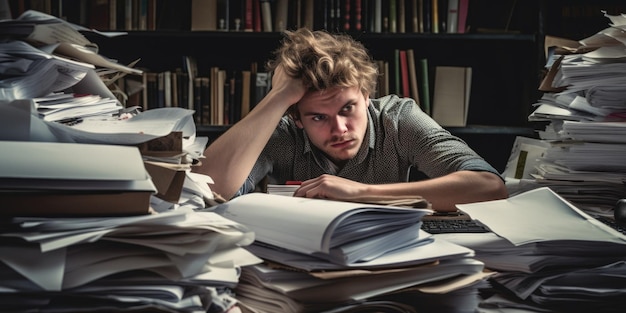 Stressed and exhausted office worker with pile of document without comeliness