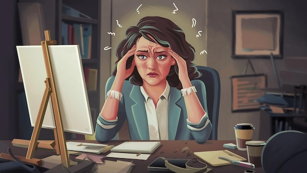 Stressed female entrepreneur in creativity crisis