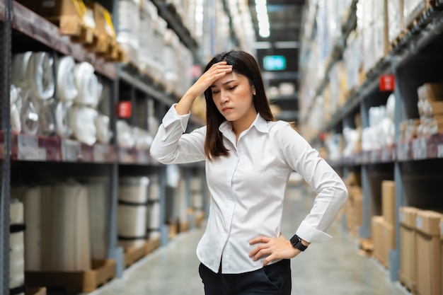 Stressed female manager in the warehouse store