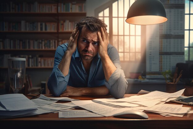 Photo a stressed individual reviewing overdue bills generative ai