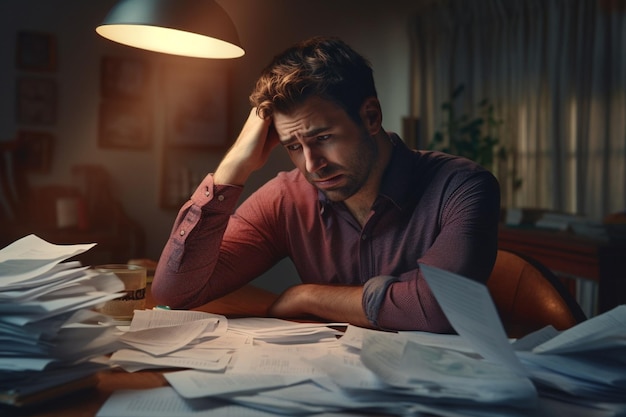 Photo a stressed individual reviewing overdue bills generative ai