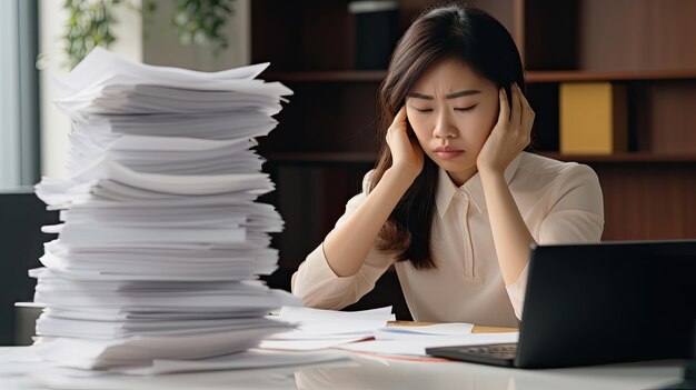 Stressed mad migraine Young confident asian business woman office worker people working with stacks of papers unfinished documents of bookkeeping