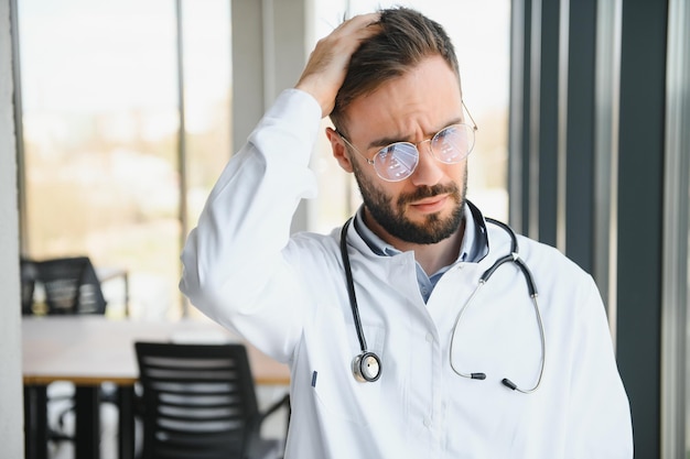 Stressed male doctor Mid adult male doctor working long hours Overworked doctor in his office Not even doctors are exempt from burnout