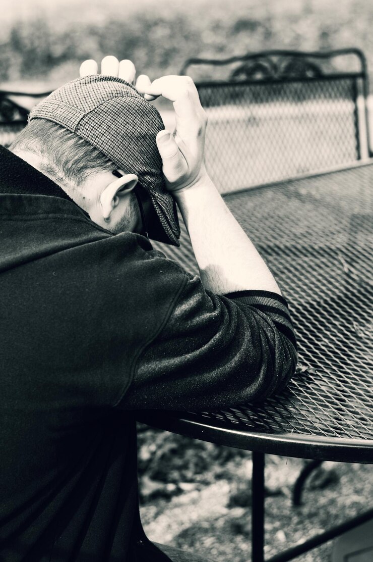 Photo stressed man huddled against a table