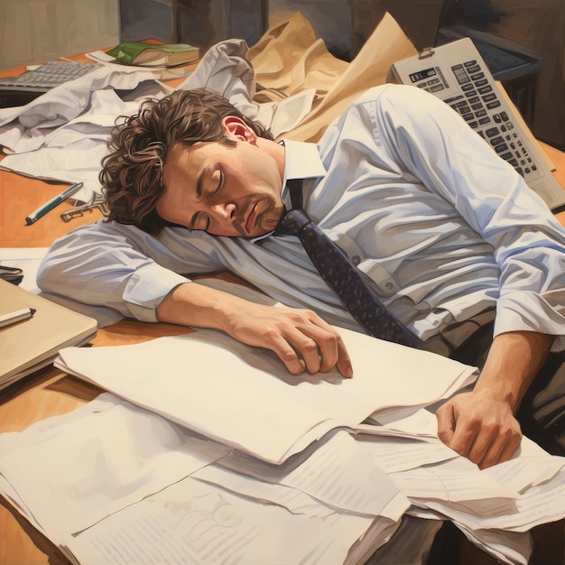 Стрессованный человек лежит на бумаге с документами, созданный ИИ.