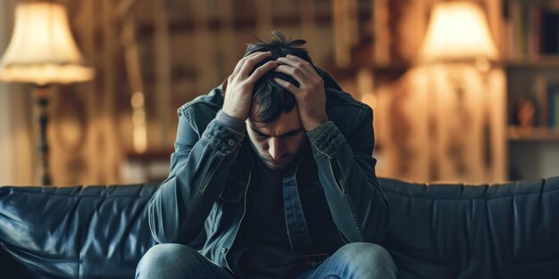 Photo stressed man sitting on a couch