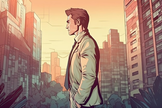 Stressed man in suit and city sunrise Tired office worker