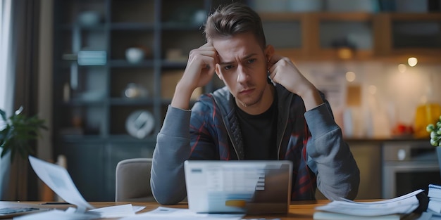 Photo stressed man at table calculating expenses and budgeting for debt repayment feeling overwhelmed and anxious concept stress management financial planning overcoming debt coping strategies