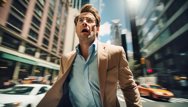 Photo a stressed man walking fast through the streets of new york on a sunny day