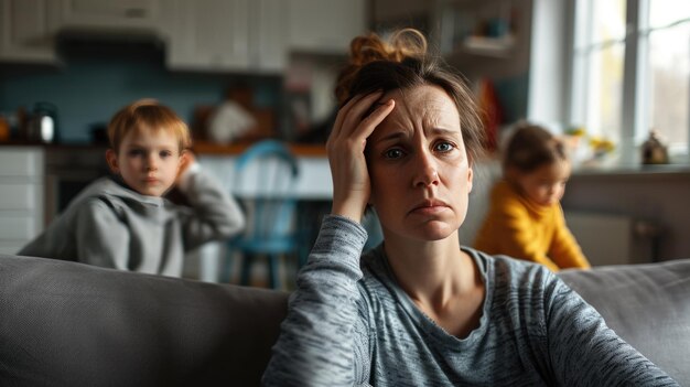 Photo stressed mother in the foreground with her hand on her forehead