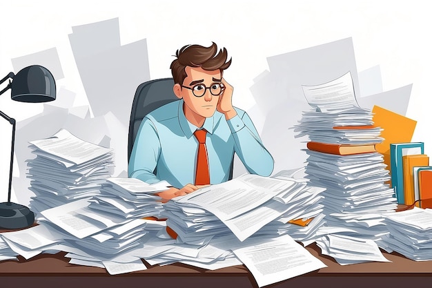 Photo stressed office worker overwhelmed with paperwork