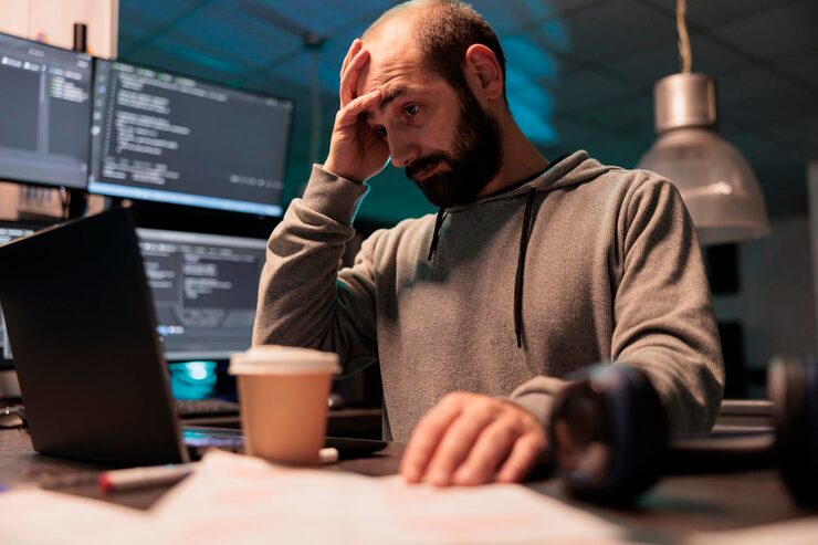Photo stressed overworked developer programming html code on laptop and multiple monitors, working under stress after hours. male app programmer feeling frustrated and tired coding data script.