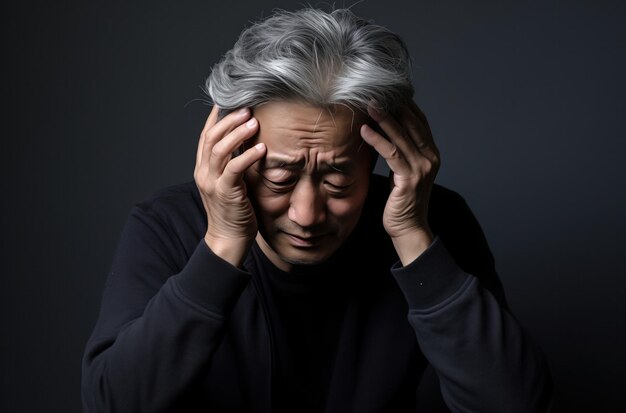 A stressed senior Asian man on a black background