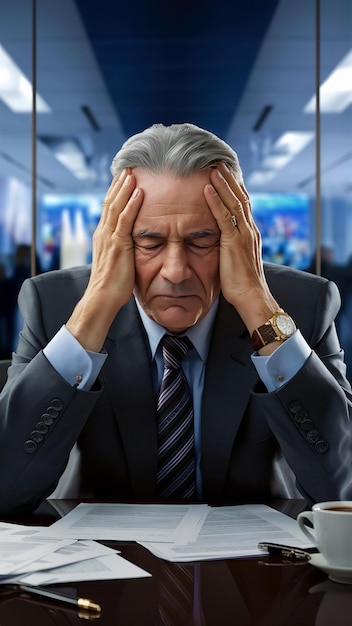 Photo stressed senior caucasian businessman rubbing eyes