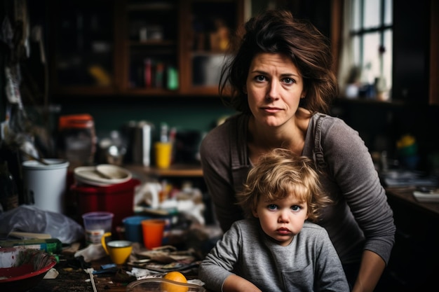 Photo stressed single mother in cluttered kitchen background with empty space for text