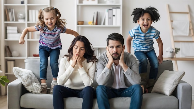 Stressed upset young parents feeling tired while their misbehaved children and jump on the couch ar