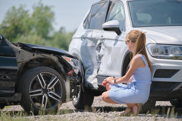 Stressed woman driver sitting on street side shocked after car\
accident road safety and insurance concept