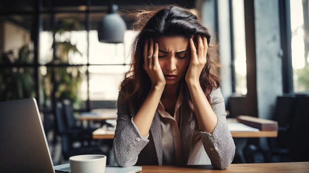 Photo stressed woman holding her head with hand in office