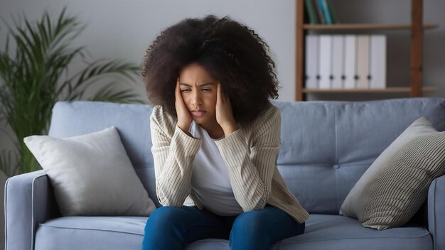 Stressed woman lying upset on sofa at home