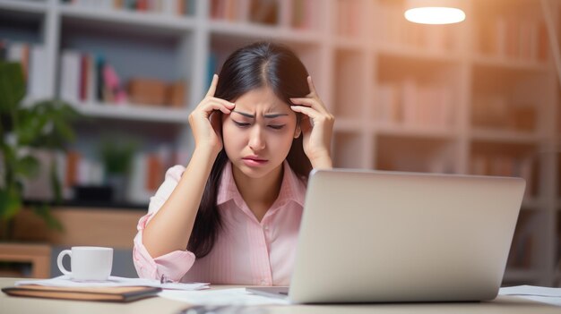 Premium AI Image | Stressed woman sitting at an office desk holding her ...