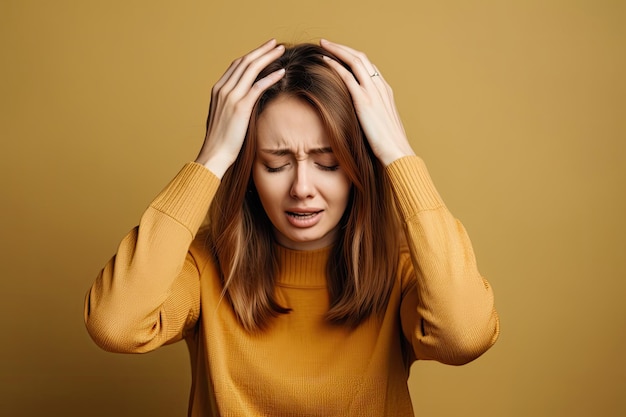 Stressed woman in a yellow sweater holding head with both hands