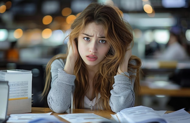 Stressed young businesswoman at checkout counter inflation worldwide photo