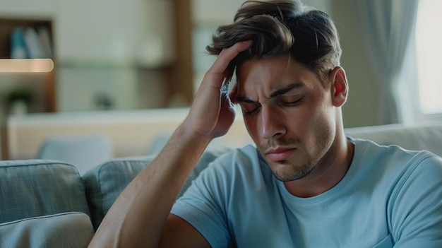 Stressed Young Man Experiencing Headache at Home