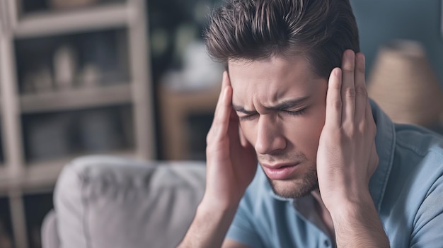 Стрессовый молодой человек испытывает головную боль дома