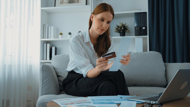 Photo stressed young woman has financial problems credit card debt to pay prim