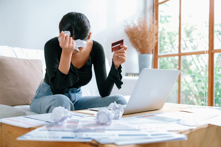 Photo ストレスを感じている若い女性は金銭的な問題がありクレジットカードの借金を支払う必要があります