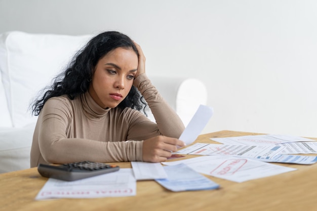 Photo stressed young woman has financial problems with credit card debt to pay crucial show concept of bad personal money and mortgage pay management crisis