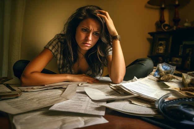 Giovane donna stressata che rivede le sue bollette che riflettono la tensione finanziaria durante una recessione